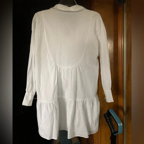 Zara White 100% Cotton Faux Pearl Buttons Voluminous Poplin Shirt Dress - Picture 11 of 12